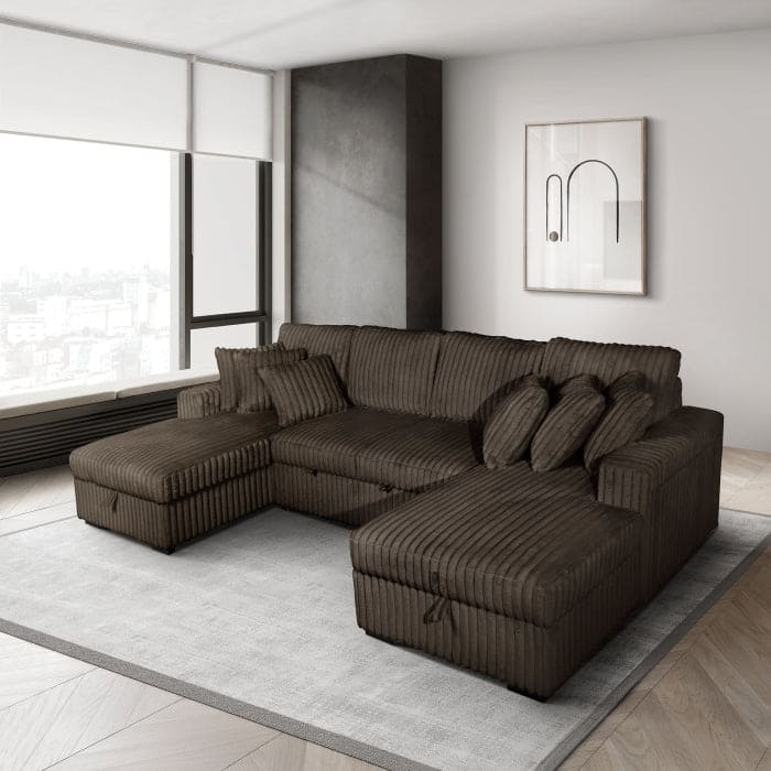 Modern U-Shaped Sectional Sofa Bed with Storage Chaises, USB Port, Wireless Charger and Pillows