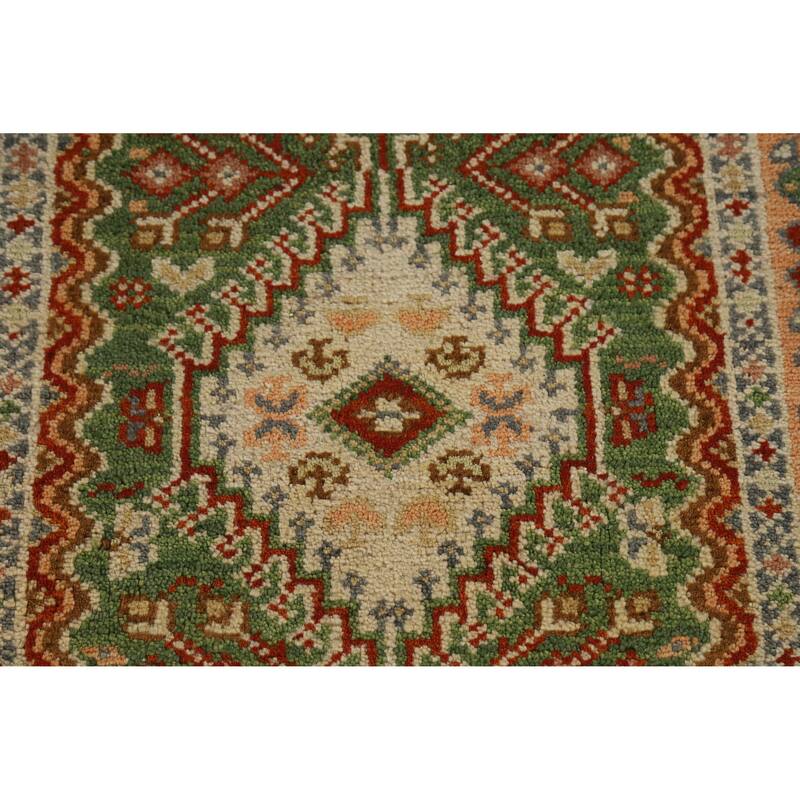 Geometric Heriz Serapi Indian Runner Rug Green Handmade Wool Carpet - 2'7" x 8'0"
