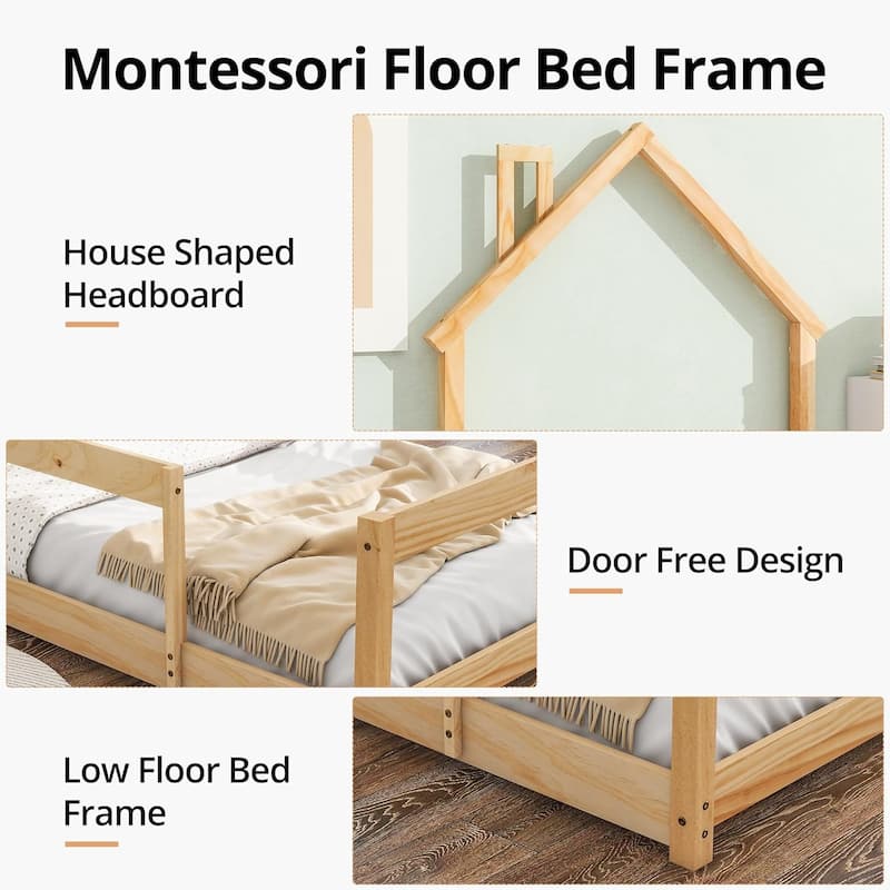 Twin Size House-Shaped Headboard Floor Bed with Fences
