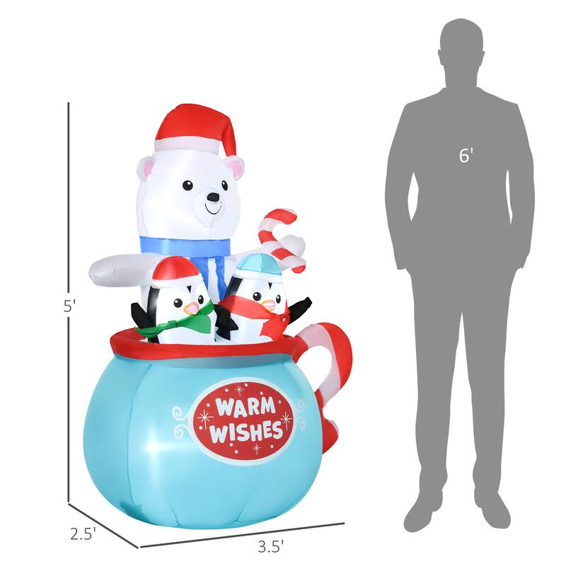 5ft Christmas Inflatables Outdoor Decorations Blessed Polar Bear and Penguins in the Cup, Blow-Up LED Yard Christmas Decor