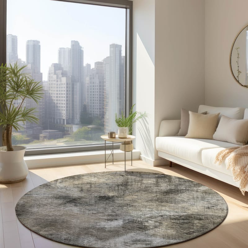 Machine Washable Indoor/ Outdoor Chantille Abstract Imprints Rug - Beige - 8' x 8'