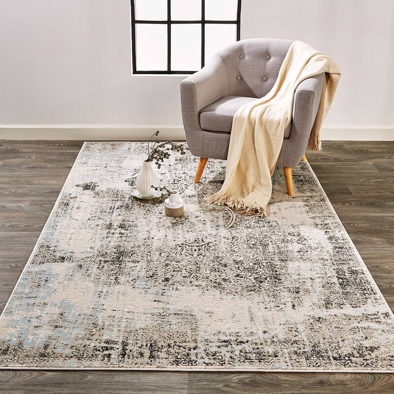 Alexander Industrial Distressed Rug, Charcoal/Sky Blue, Area Rug
