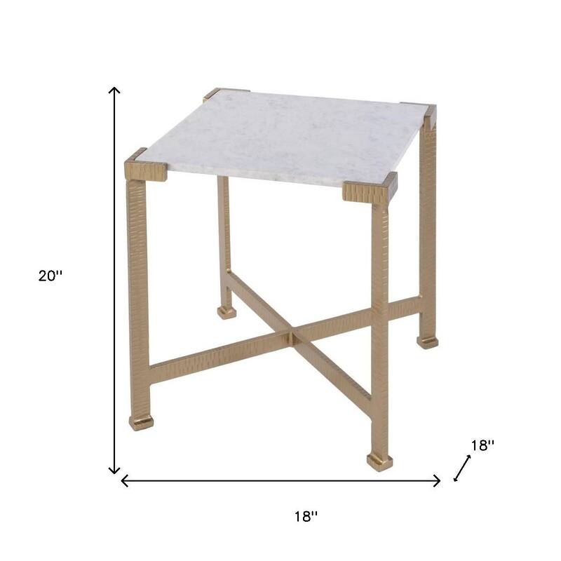 HomeRoots 20" White and Gold Distressed Marble and Iron Square End Table - 18.00 in. x 20.00 in. x 18.00 in.