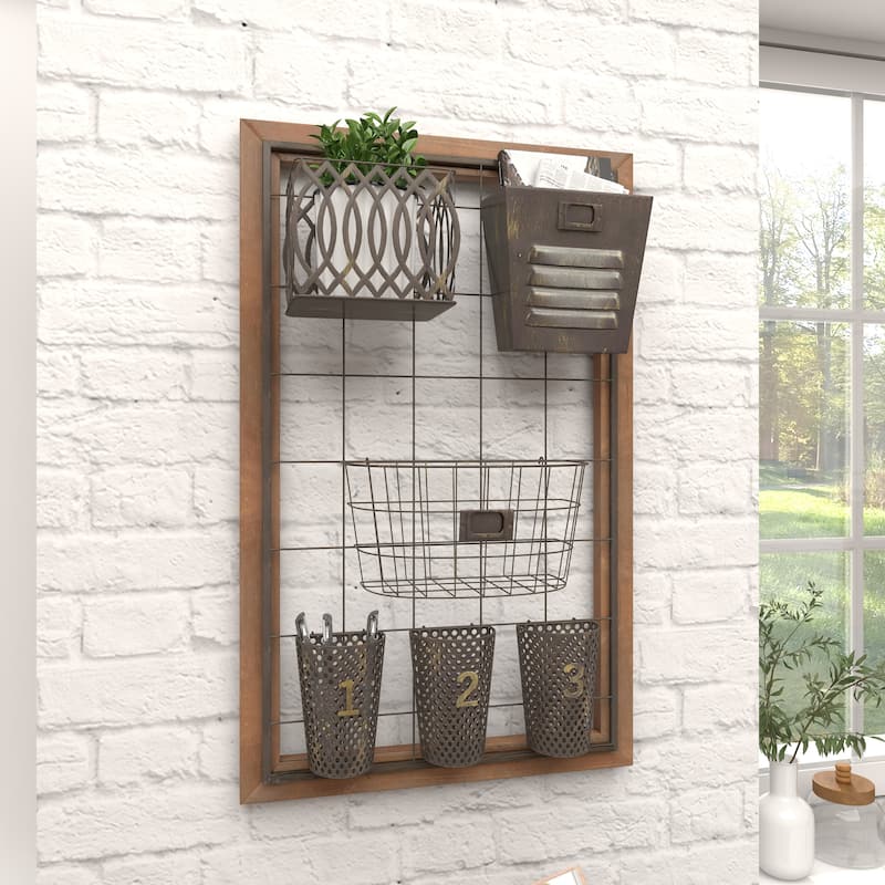Brown Metal 1 Slot and 5 Baskets Magazine Rack Holder with Suspended Baskets and Label Slot