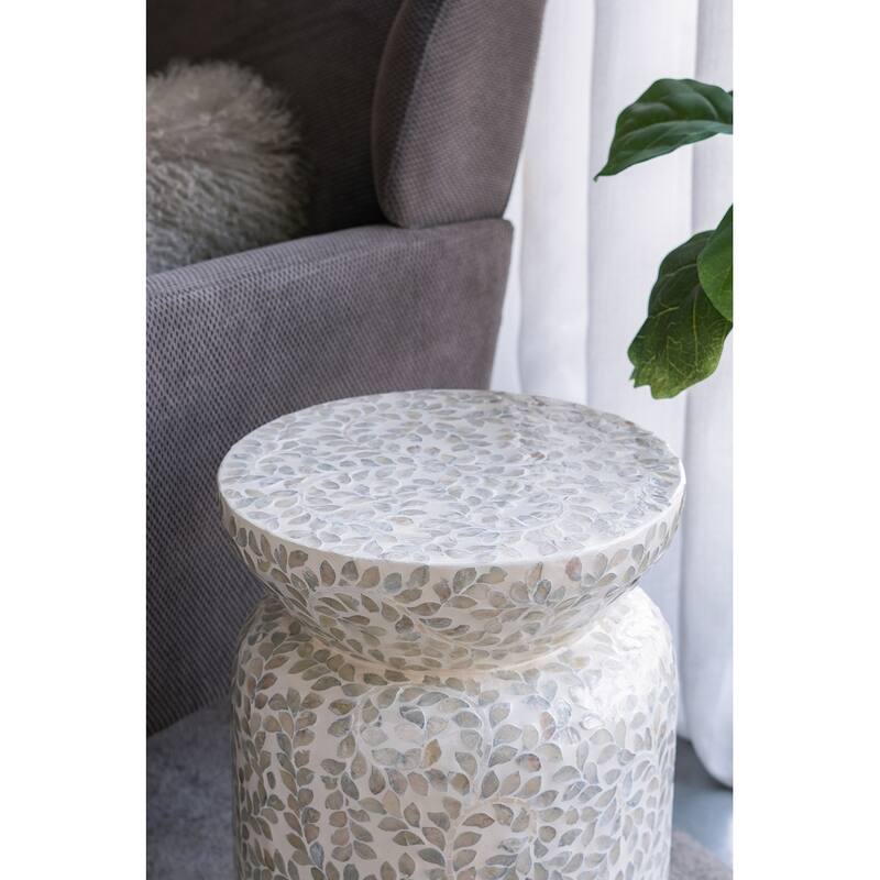 14x14x20" Round Bamboo Accent Table With White Capiz Shell Design