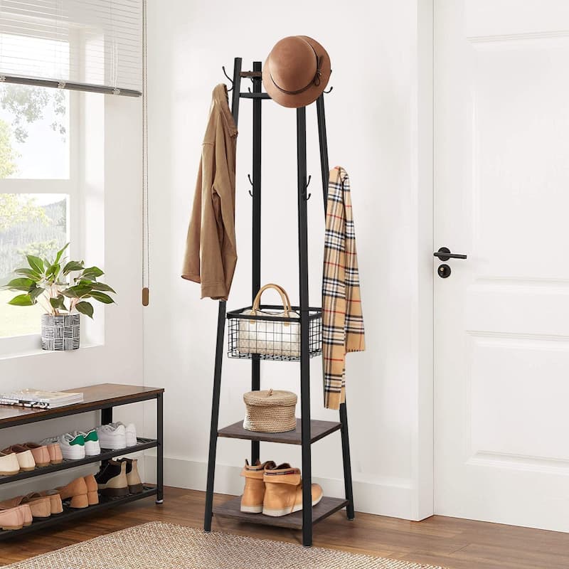 Javlergo 72" Standing Coat Rack with 8 Dual Hooks Hall Tree with Metal Grid for Small Space Entryway Living Room Organizer - Walnut