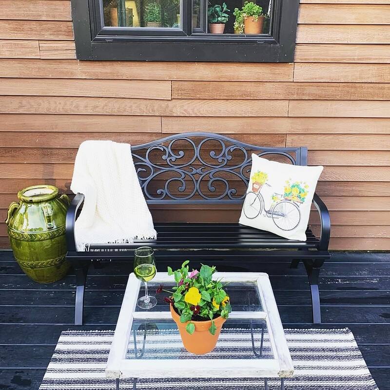 MAISON ARTS Garden Bench Cast Iron Steel Frame 50 Inch Flower Pattern Bench