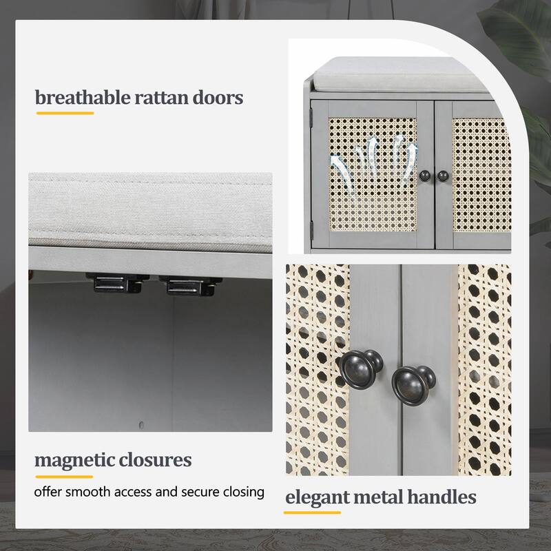 Rustic Storage Bench with Removable Cushion, Woven Rattan Doors & Adjustable Shelves