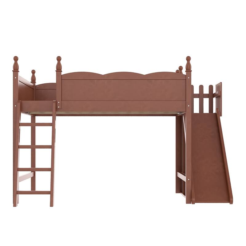Queen Loft Bed with Storage Shelves and Wardrobe, Solid Wood Loft Beds with Detachable Slide and Ladders, No Spring Box Needed