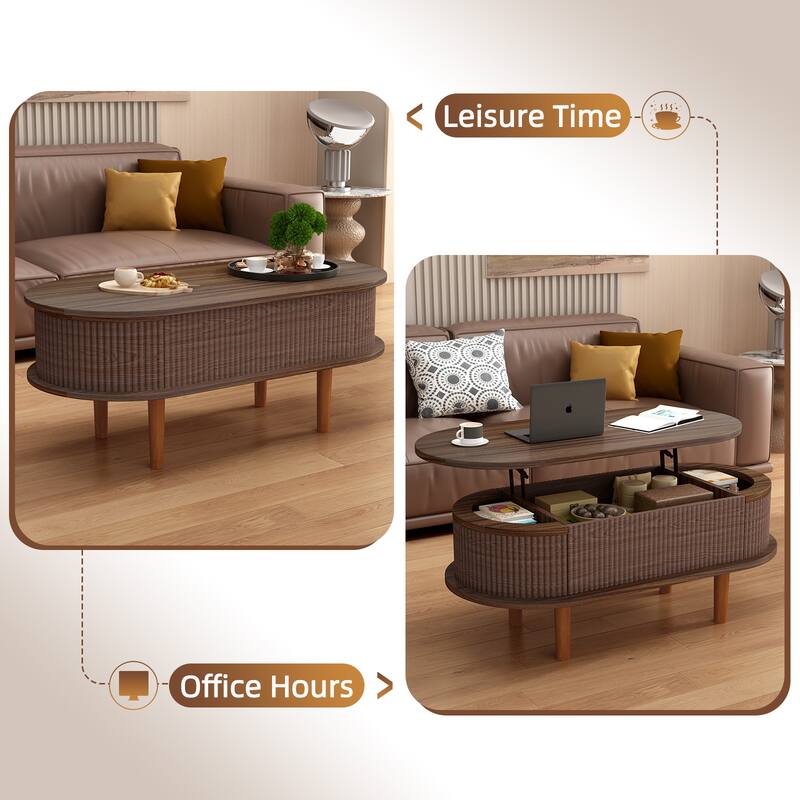 Minimalist Fluted Lift Top Coffee Table with Hidden Compartment, Walnut End Table Side Table Center Table