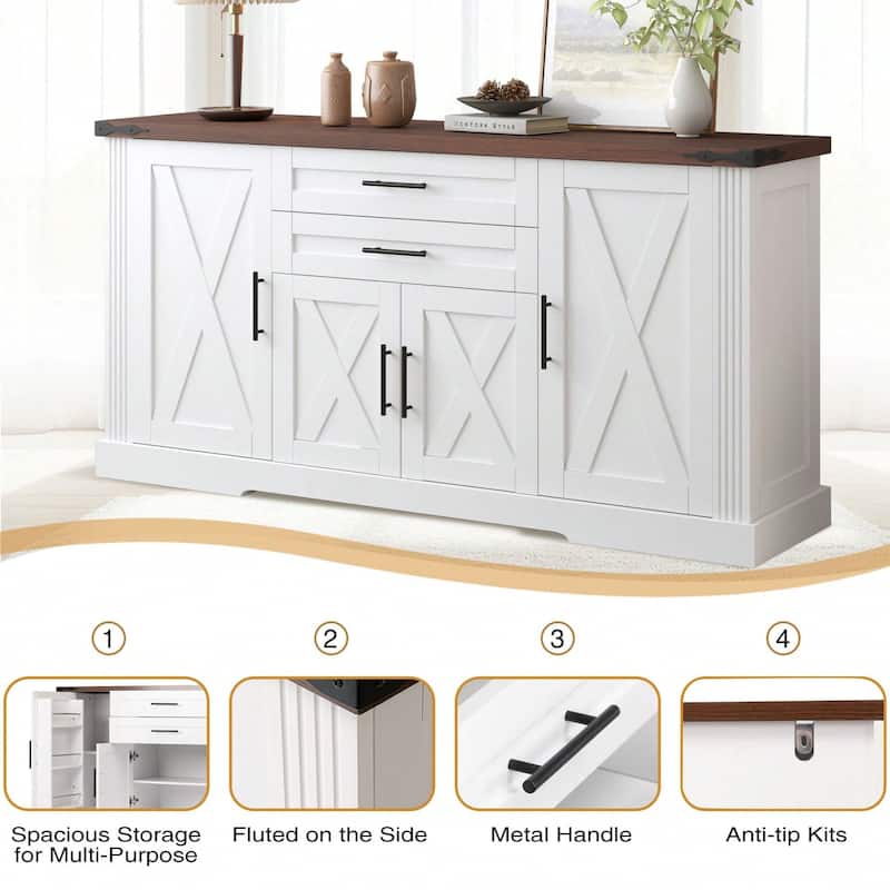 63" Farmhouse Cabinet with 2 Drawers & Door Rack, Large Buffet Table Coffee Bar Cabinets with Adjustable Shelves for Kitchen
