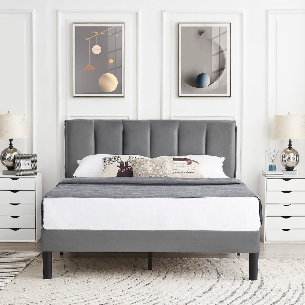 VECELO Tufted Upholstered Platform Bed Frame with Adjustable Height Headboard Twin/Full/Queen Size Beds,Grey
