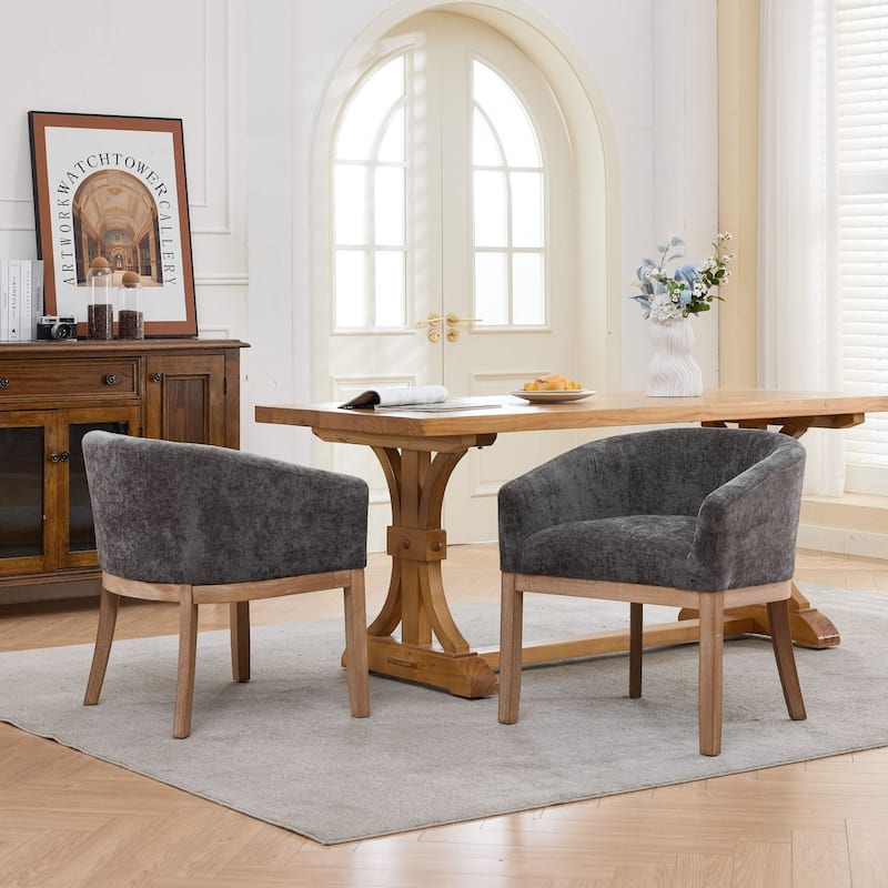 Mid Century Modern Upholstered Barrel Dining Chairs with Arms, Farmhouse Linen Kitchen Chairs with Natural Hardwood Frame