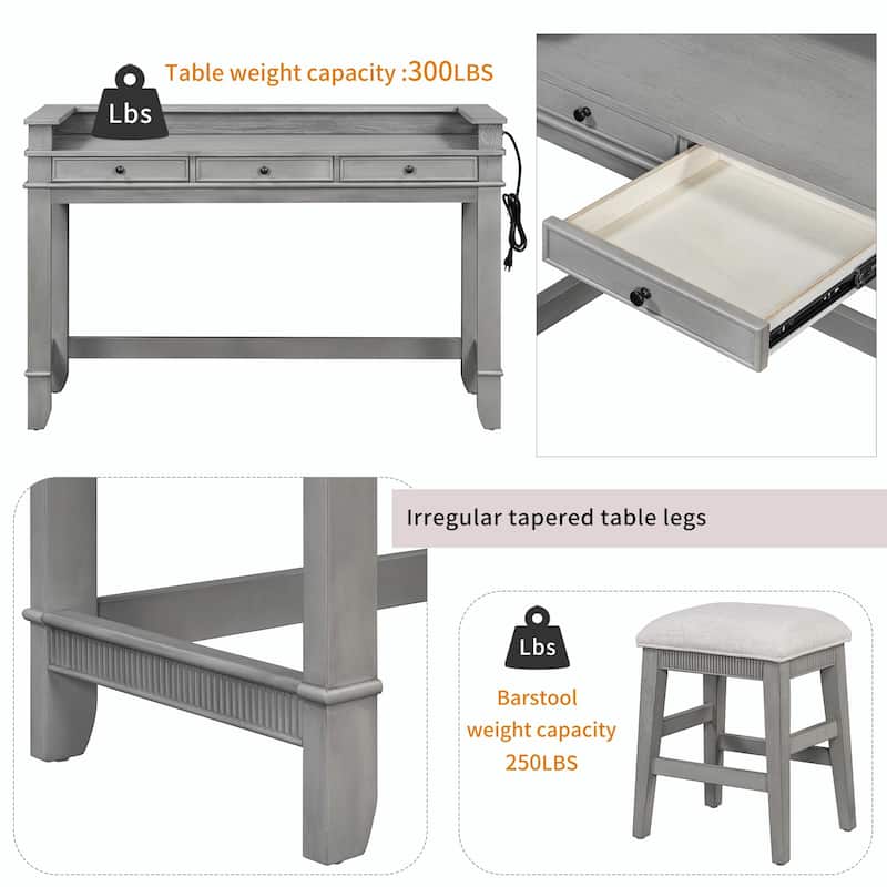 4-Piece Dining Table Set for 3 - Retro Kitchen Table with 3 Storage Drawers and Matching Chairs