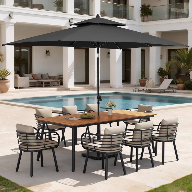 11PC Outdoor Patio Dining Set Aluminum Table with Sunbrella Cushion Chairs w/ Premium Market Umbrella Sets - BrownTable&CabChairs&BlackUmbrella
