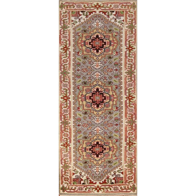 Gray Geometric Heriz Serapi Oriental Runner Rug Handmade Wool Carpet - 2'7" x 7'11"