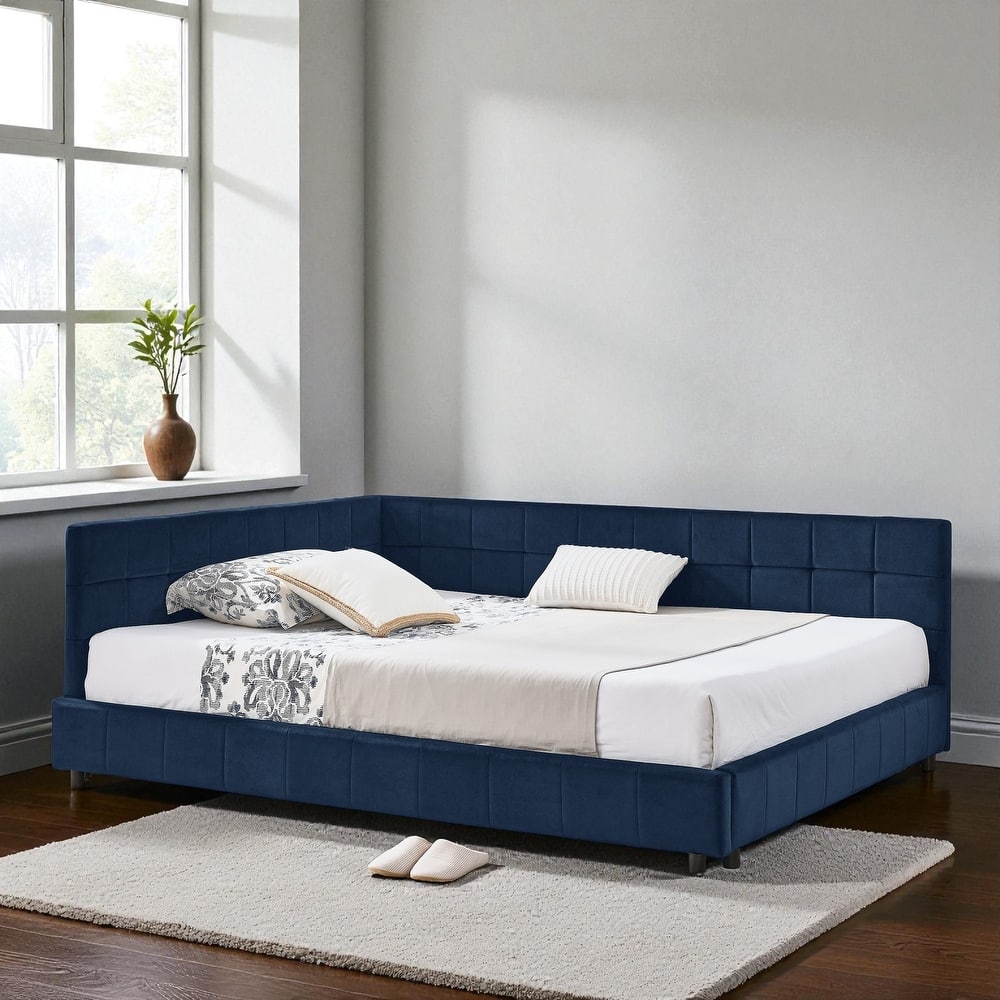 Full Size Velvet Upholstered Tufted Daybed Frame with Backrest and Armrest, Mid-Century Sofa Bed for Bedroom or Living Room