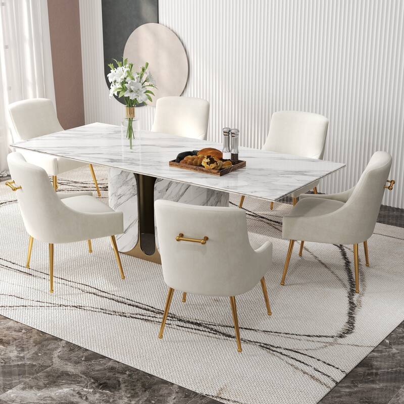 SEYNAR Velvet Upholstered Dining Chair Set of 6, Modern Glam Armless Side Chair - Beige