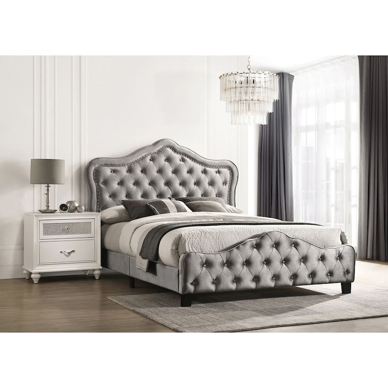 Upholstered Tufted Bed with Nailheads in Grey