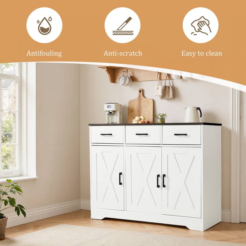 Barn Door Buffets Storage Cabinet Sideboards with 3 Drawers