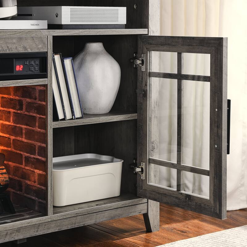 Gray Wash 55" Fireplace TV Stand with Realistic Log Flames, Remote Control, 2 Door for Living Room