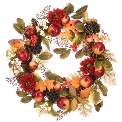 22" Harvest Mums and Maple Leaves Wreath with Apples