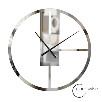 Modern Round Big Wall Clock with Mirror Face, Decorative Silver Metal 22.75” Oversize Timepiece, Hanging Supplies Included