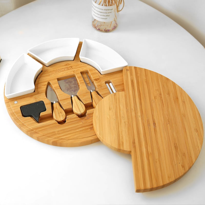 Vaiyer Charcuterie Cheese Cutting Board Set w/ Slide Out Board w 3 Knives, 3 Ceramic Bowls w 2 Slate Labels & Chalk Marker