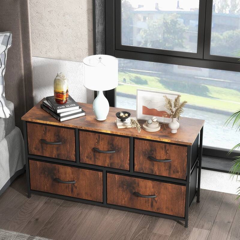 Dresser for Bedroom with 5 Fabric Drawers, Tall Chest Organizer Units for Clothing, Closet, Kidsroom, Storage Tower with Cabinet