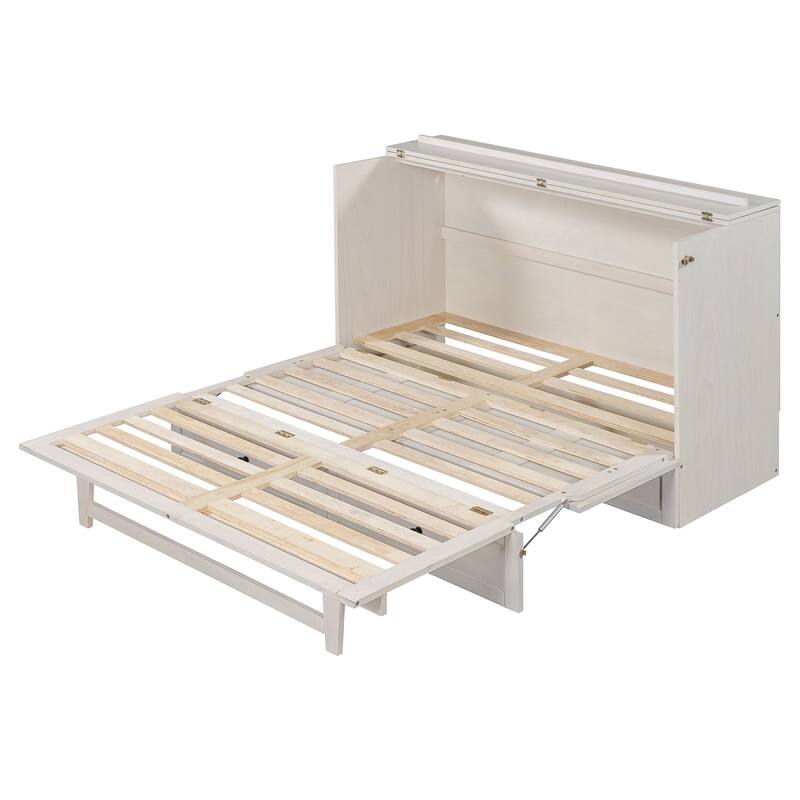 Space-Saving Queen Murphy Bed with Storage Drawers, USB Ports & Outlets, Brushed White/Gray Finish