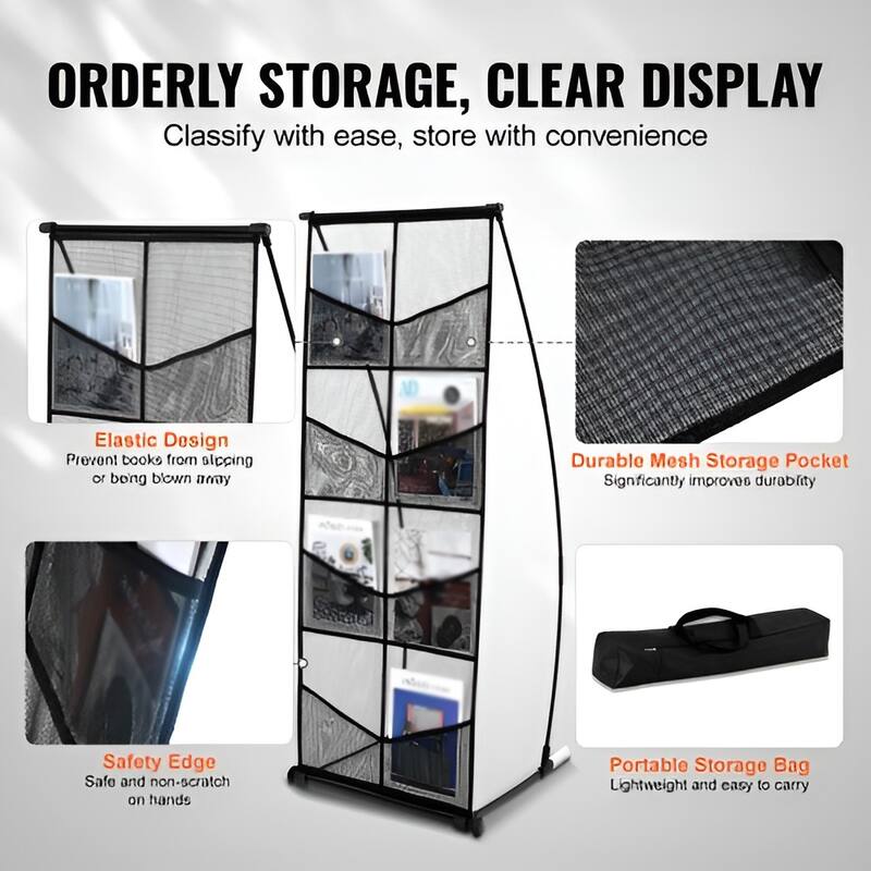 4-Tier Mesh Brochure Display Stand with 8 Pockets, Portable Rack - 20.87 x 17.32 x 52.76 in