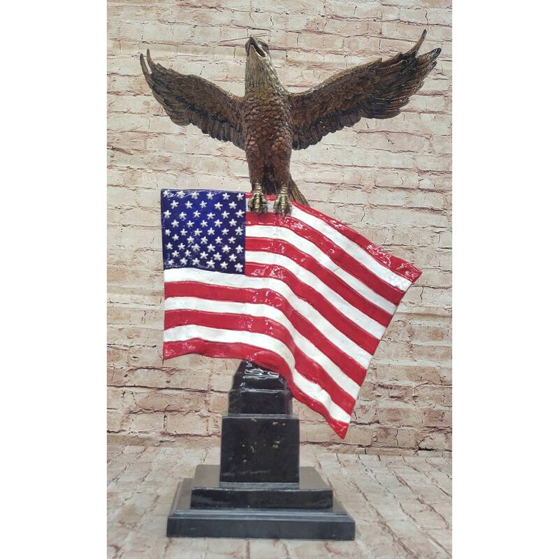 Bald Eagle W/ American Flag - Patriotic Bronze Metal Sculpture Statue Decor On Marble Base