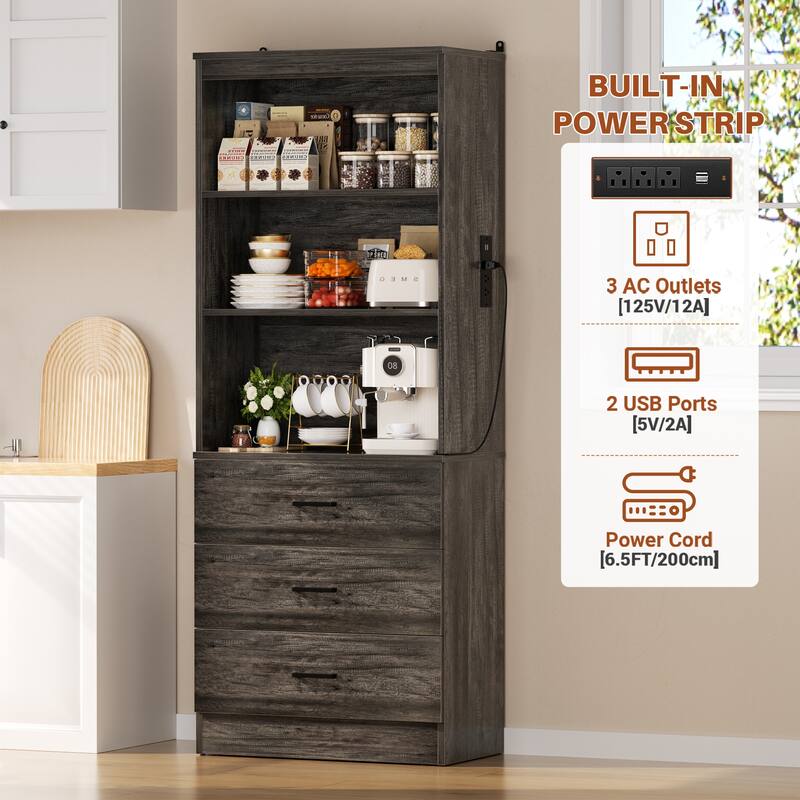 Tall Buffet Sideboard with Charging Station, Storage Pantry Organizer with Drawers and Shelves