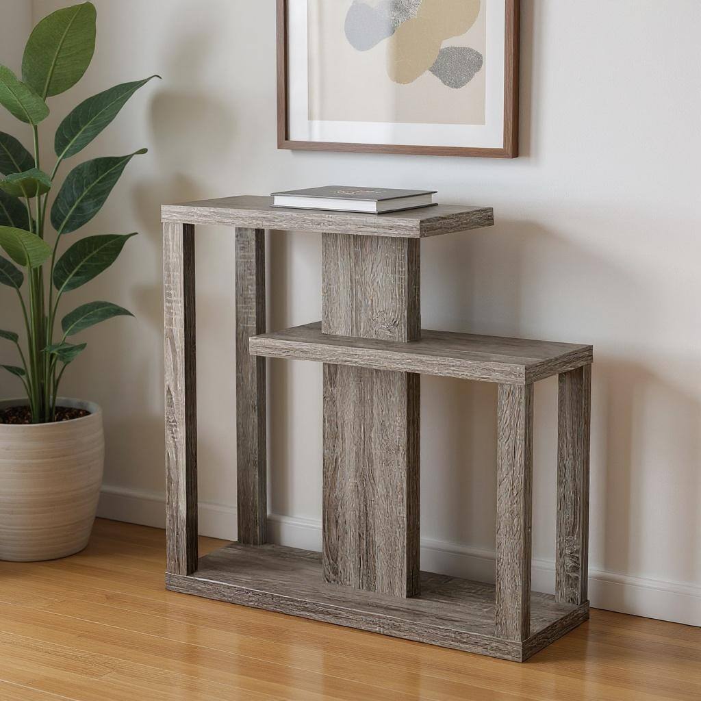 HomeRoots 32" Taupe Free form Floor Shelf Console Table With Storage - 31.50 in. x 34.00 in. x 11.75 in.
