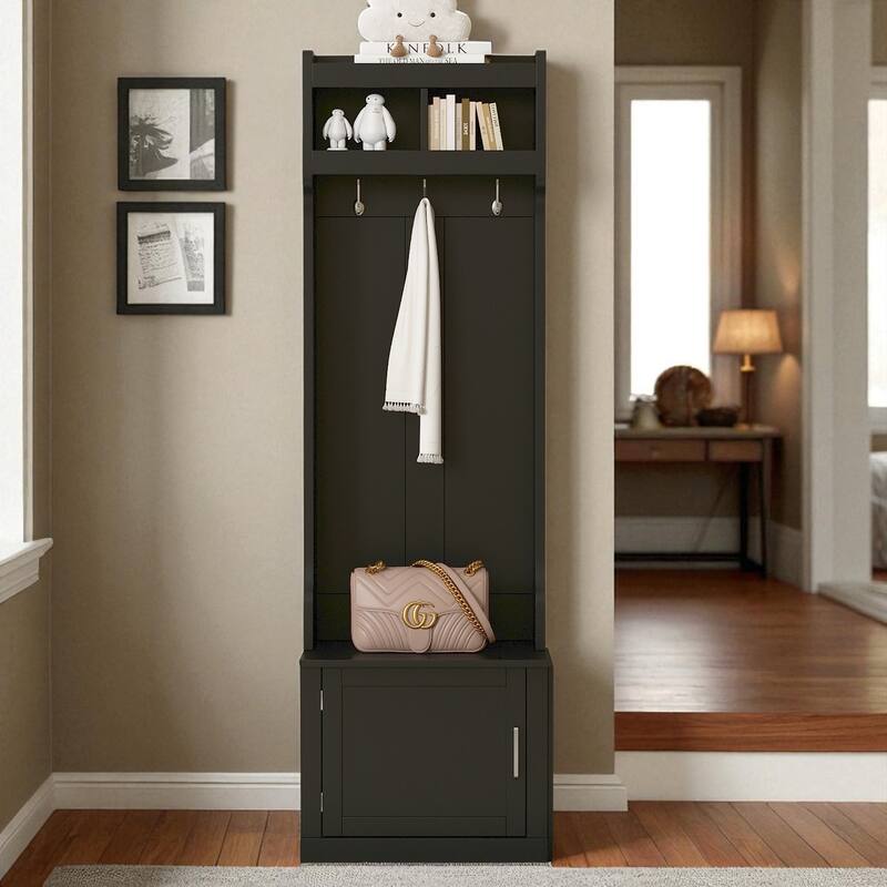 Slim Hall Tree with Cabinet & 6 Hooks, 23.6 W x 15.7 D x 78.7 H Entryway Bench, Narrow Coat Rack Organizer