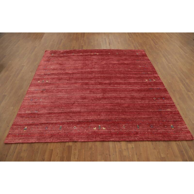 Hand Knotted Oriental Viscose Silk Carpet Tribal Animal Pictorial Red Gabbeh Area Rug - 8' 8'' X 8' 9''