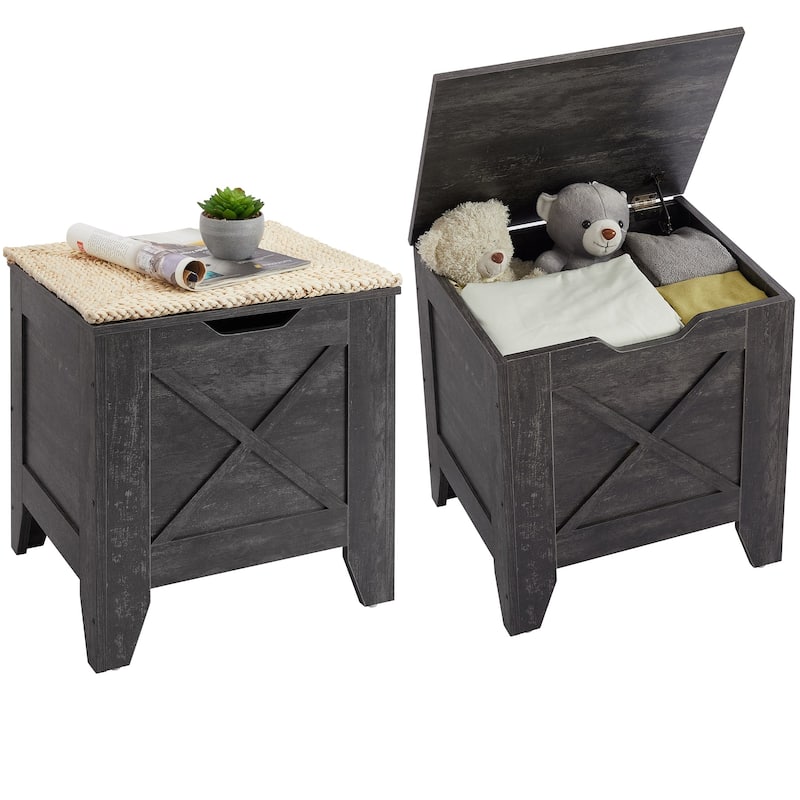 VECELO Storage Bench, Wooden Chest for Storage with Wicker Mat Safety Hinges Entryway Shoe Bench Storage Trunk(Set of 2)