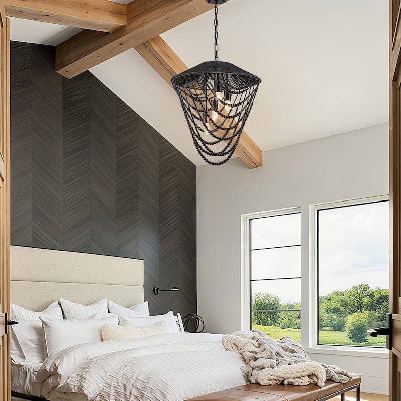 4-light Black Beaded Chandelier - 19.69"x19.69"x23.62"