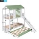 preview thumbnail 5 of 13, White+Green Twin Over Twin Pine House Bunk Bed with Trundle, Slide, and Windows