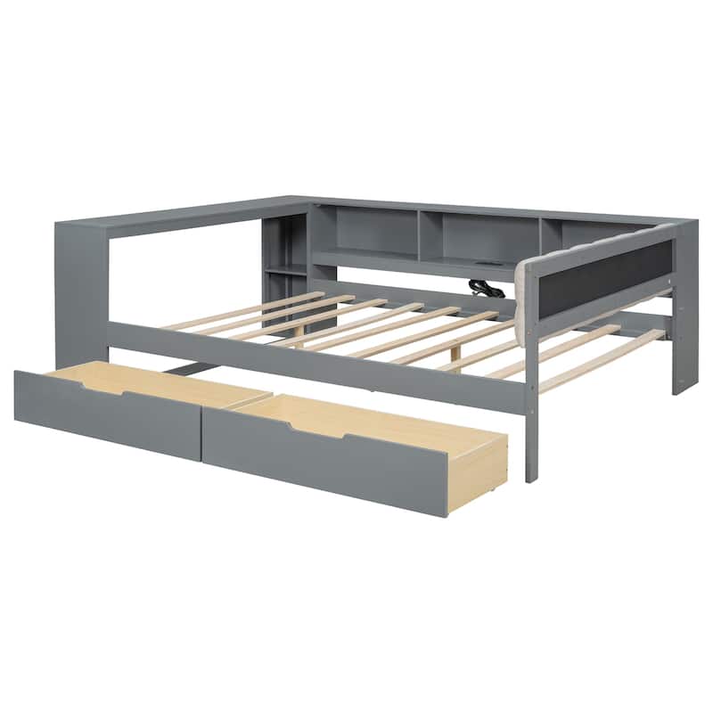 Wood Full Size Platform Bed with Storage Shelves, Drawers, Charging Station and Upholstered Headboard