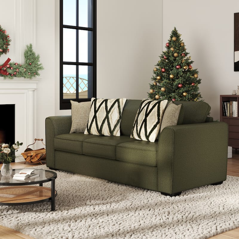 Roundhill Furniture Marvella Living Room Sofa with Mosswood Chenille Upholstery and Textured Accent Pillows - 7'6" x 9'6"