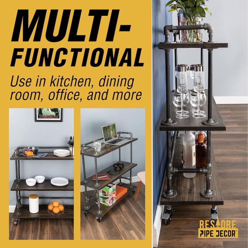 Restore by PIPE DECOR Industrial 3 Tier Solid Wood & Steel Pipe Bar Cart with Wheels