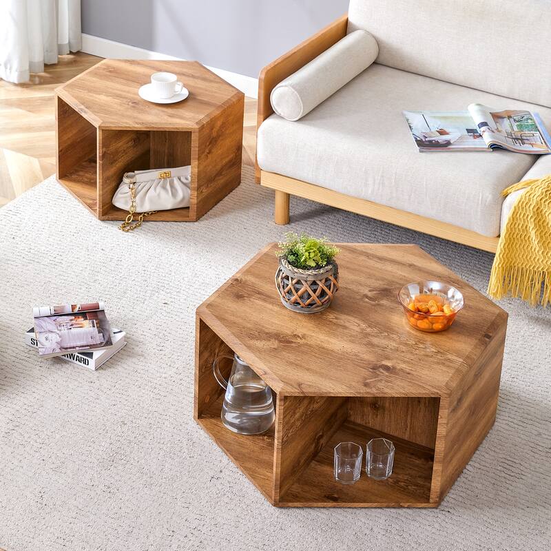 Roomfitters Set of 2 Hexagonal MDF Coffee Tables with Black Pattern Finish, Modern Storage Design for Living Room