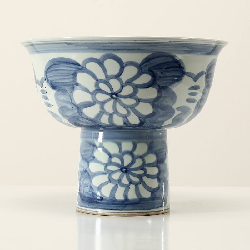 Hand Painted Blue and White Pedestal Bowl-16" W x13"H
