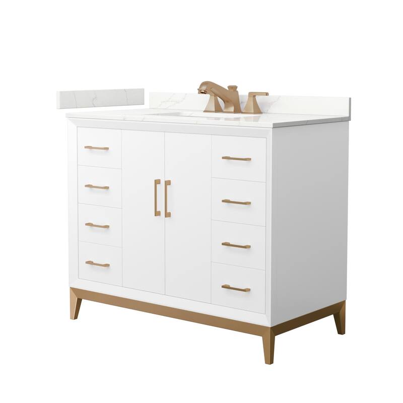 Wyndham Collection WCH818142S-QTZ-US3MXX Amici 42" Free Standing - White / Giotto Quartz Top / Satin Bronze Hardware