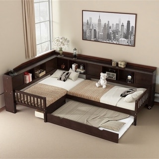L-Shaped Twin Platform Bed with Trundle, Solid Wood Frame, Built-In Drawers & Shelves, No Box Spring Needed