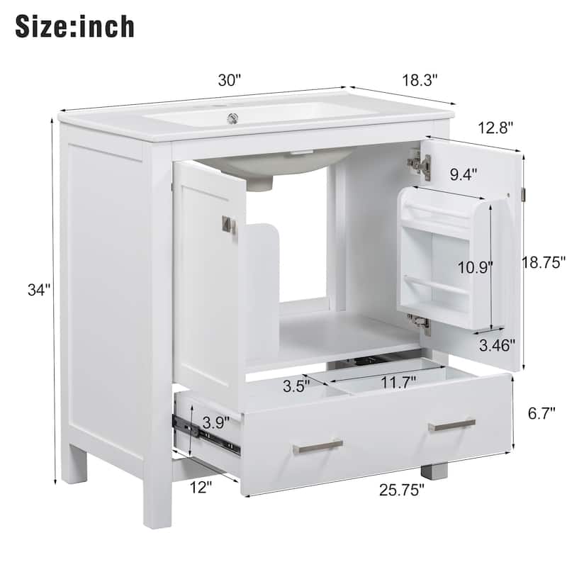 60" Bathroom Vanity Set with Double Freestanding Vanities, Double Ceramic Sinks, Door Organizers and Divided Drawers