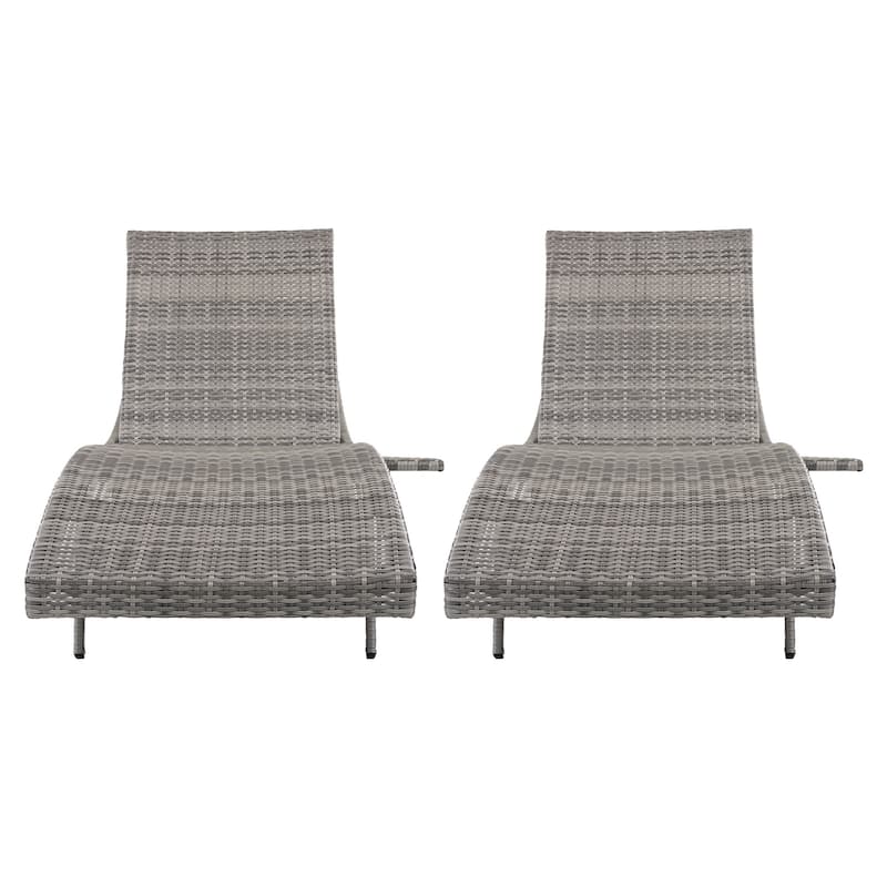 80"Patio Chaise Lounge Chairs Set of 2, Rattan Reclining Chair w/Rolling Wheels & Pull-out Side Table, Adjustable Backrest