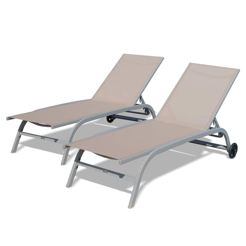 GDFStudio - Chaise Lounge Outdoor Set of 3, Adjustable Lounge Chairs with Wheels - khaki/Double Chaise