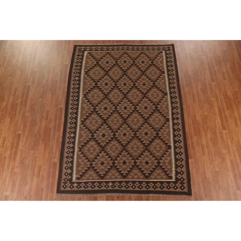Hand Woven Oriental 100% Wool Carpet Southwestern Geometric Brown Kilim Area Rug - 9' 9'' X 6' 11''
